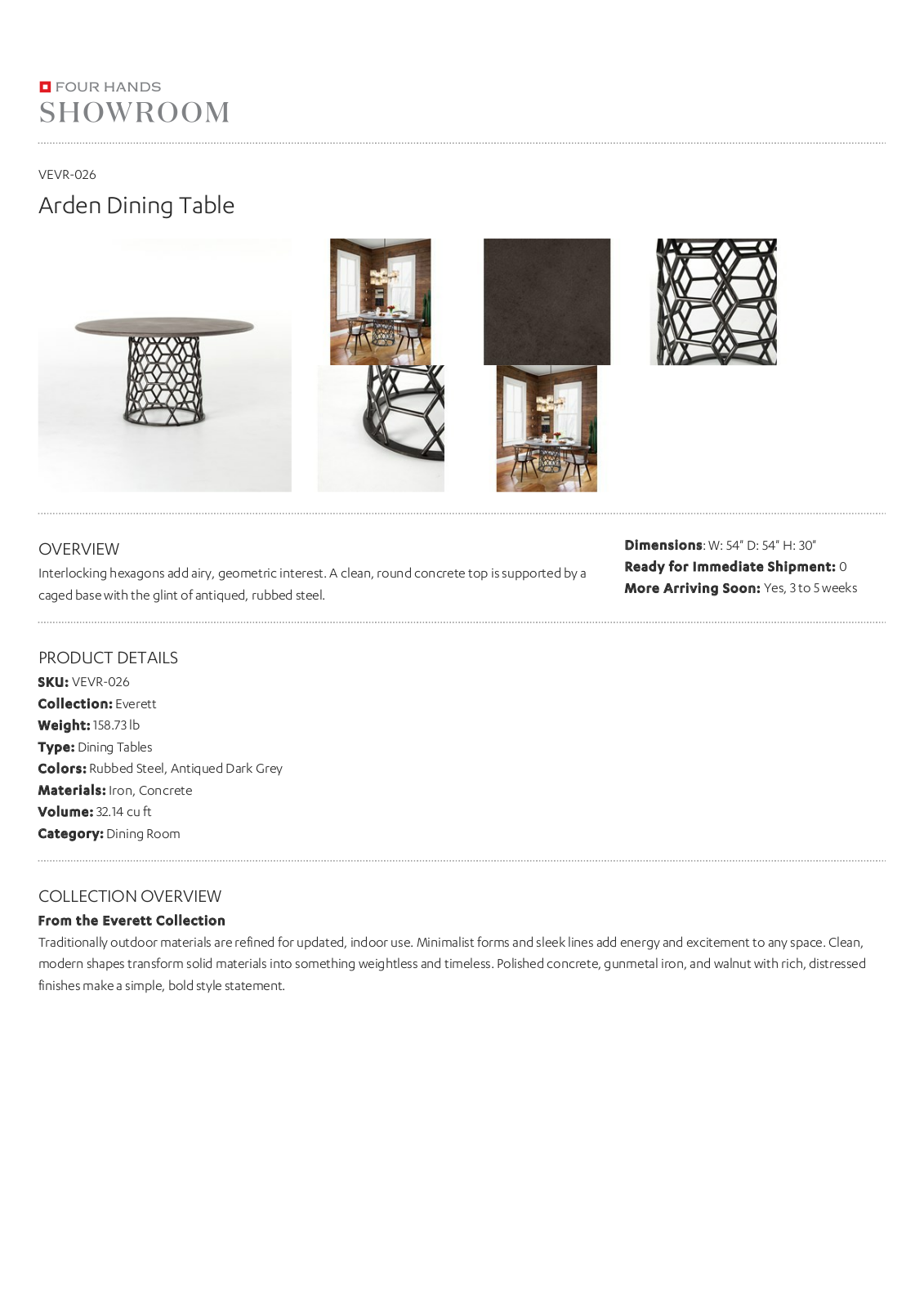 Four Hands VEVR-026 Specification Sheet - ManualMachine.com