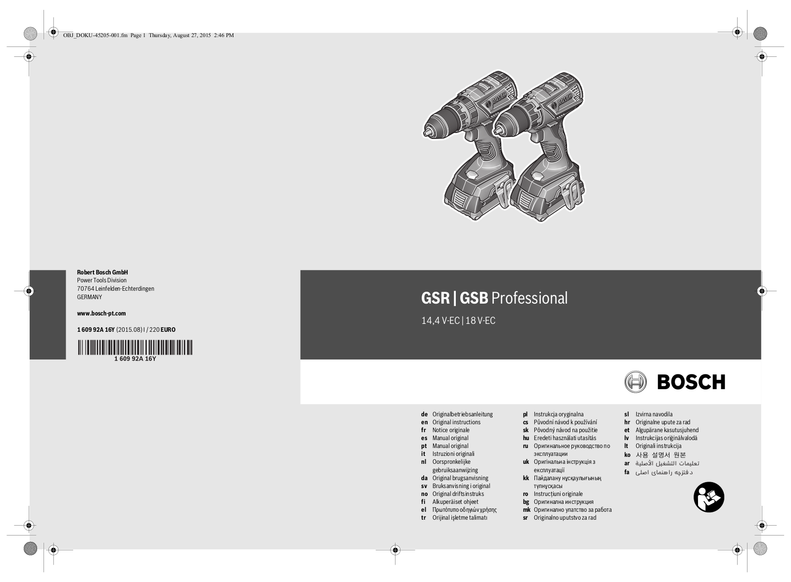 Bosch GSR Professional 14.4 V-EC, GSB Professional 18 V-EC Original Instructions Manual