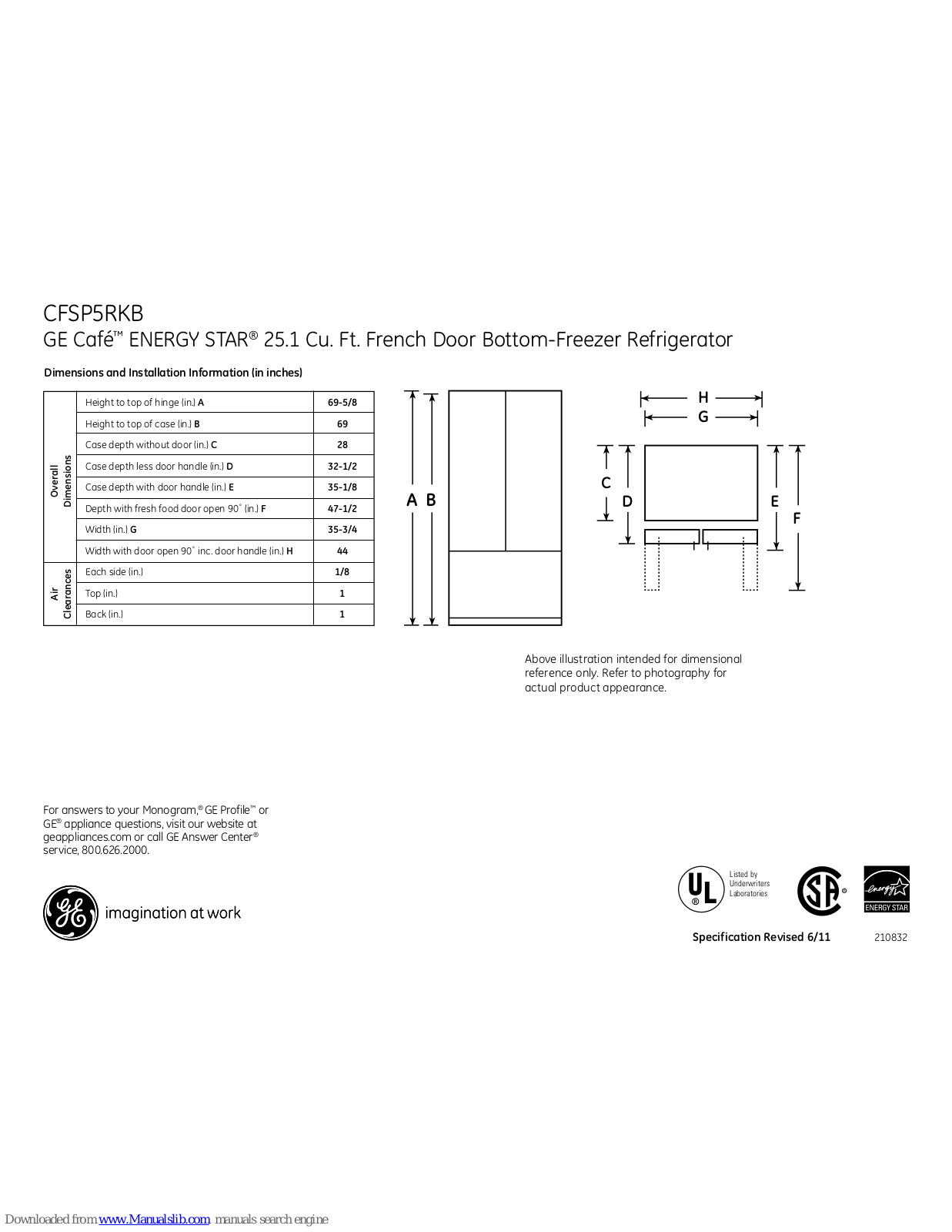 GE Cafe CFSP5RKBSS, Café ENERGY STAR CFSP5RKB Dimensions And Installation Information