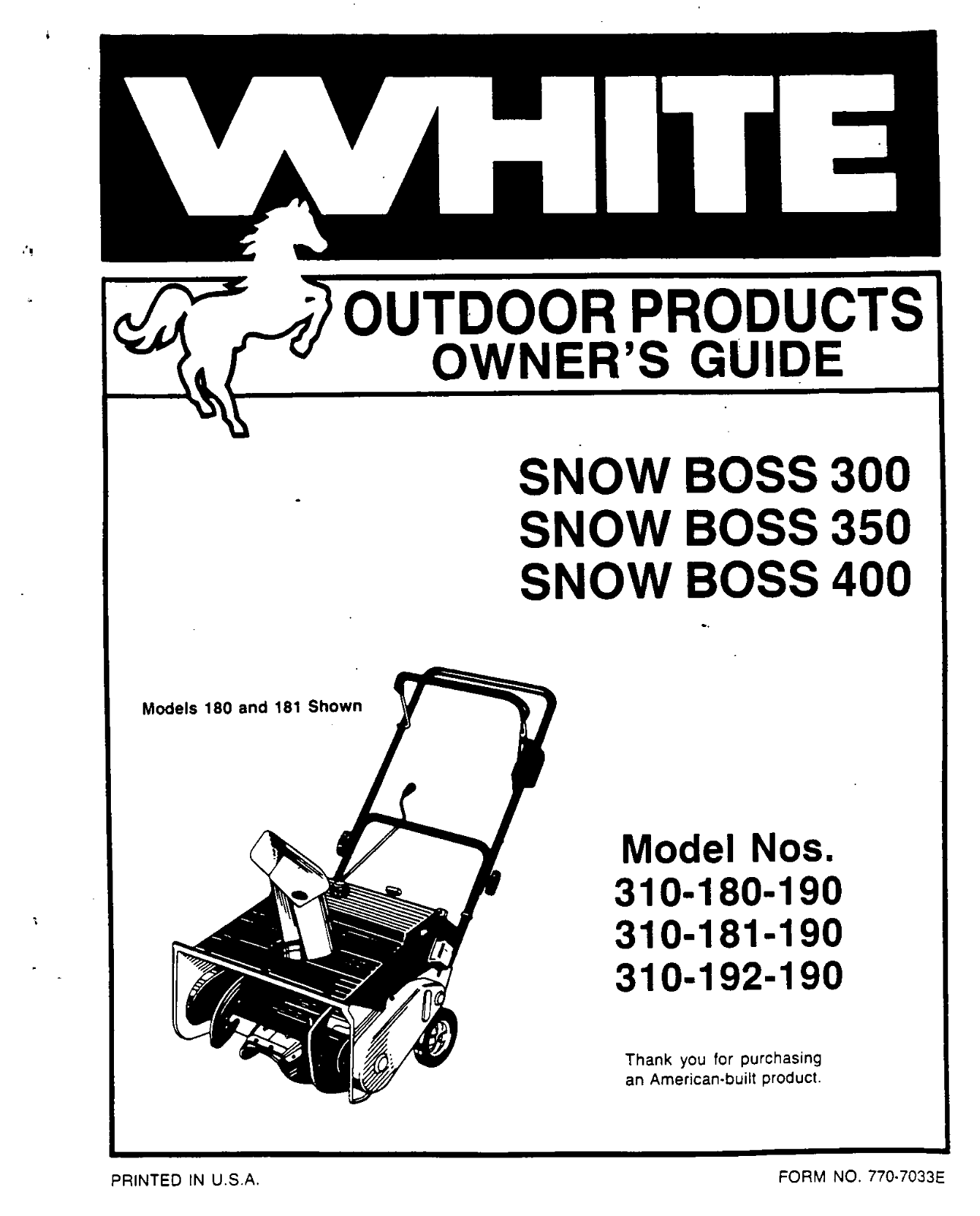 white SNOW BOSS 350, SNOW BOSS 300, SNOW BOSS 400 owners Manual