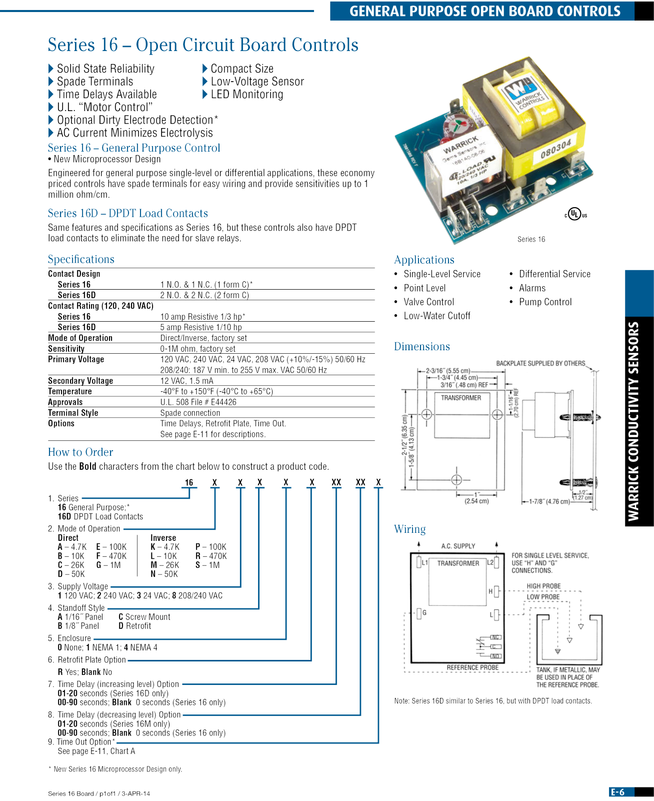 Warrick a Brand of Gems Sensors Series 16 Board Catalog Page