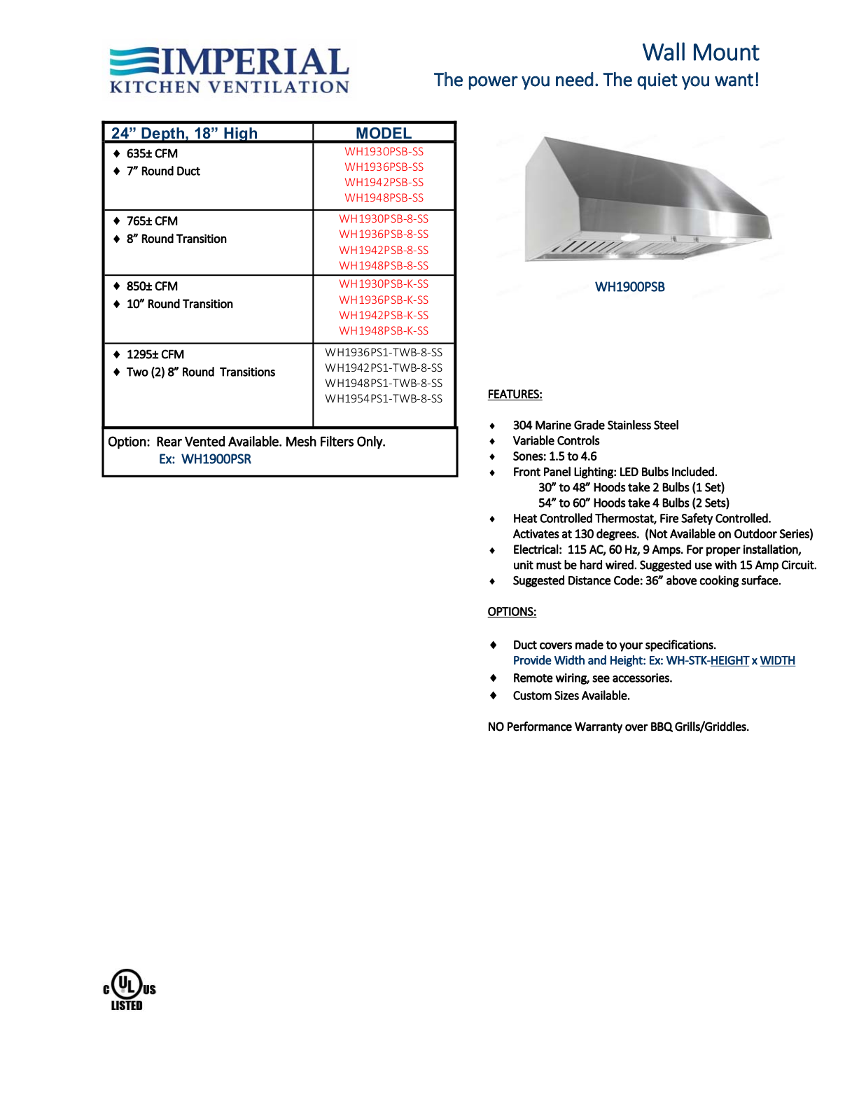 Imperial WH1948PSBKSS, WH1948PSB8SS, WH1948PSBSS Specifications