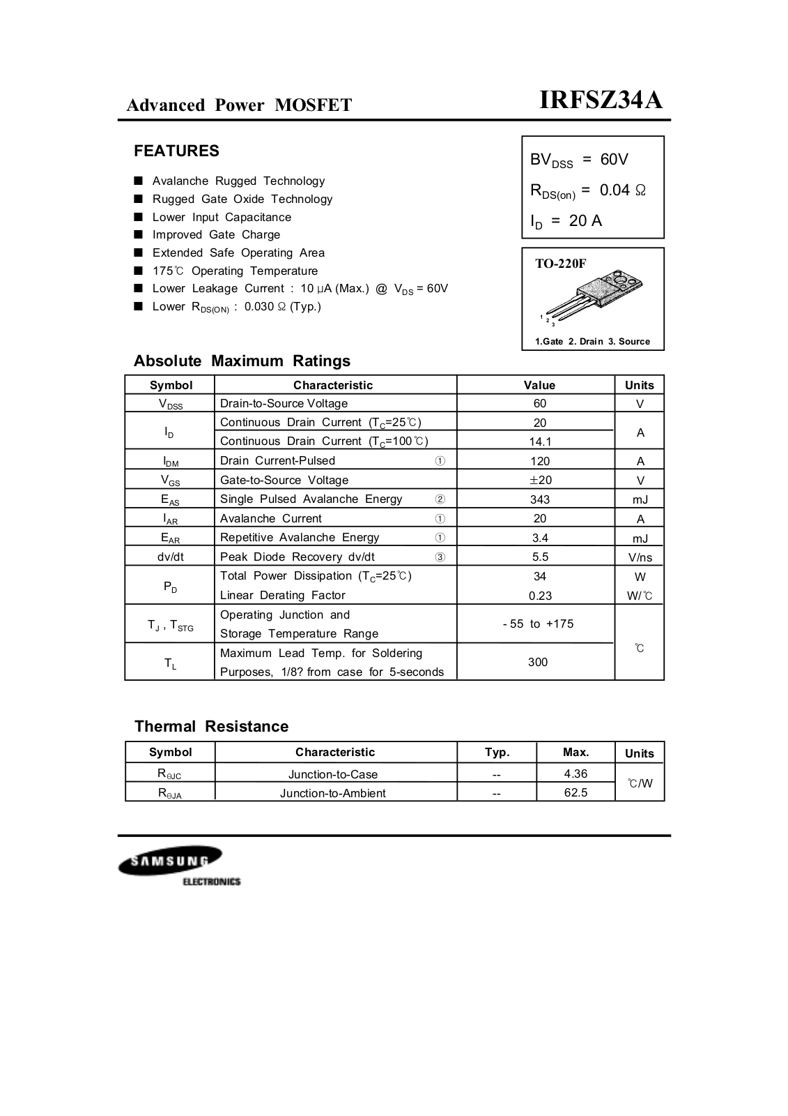 Samsung irfsz34a Datasheet - ManualMachine.com