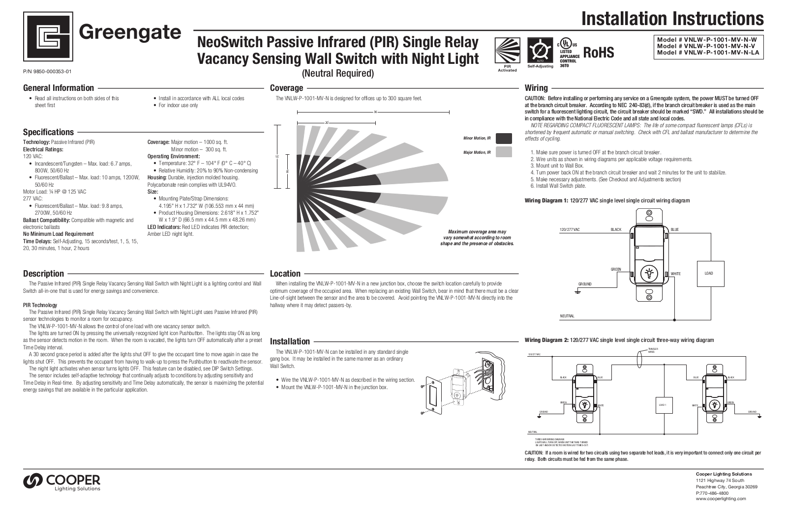 Greengate VNLW-P-1001-MV-N-W, VNLW-P-1001-MV-N-V, VNLW-P-1001-MV-N-LA Installation Instructions