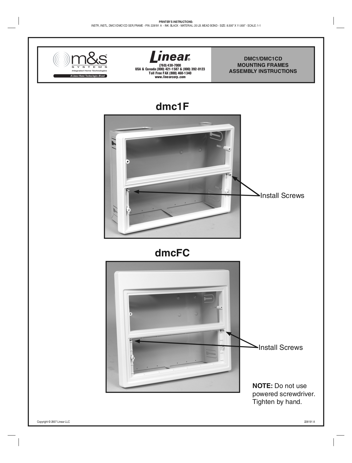 Linear DMC1F, DMCFC Quick Start Manual