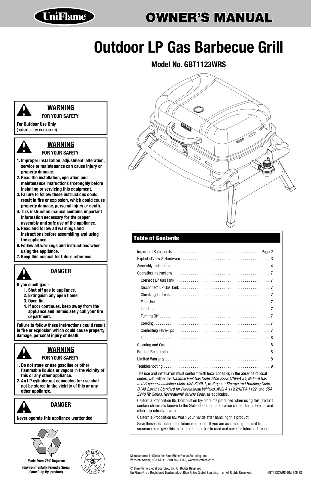 Uniflame GBT1123WRS, GBT1111W Owner's Manual