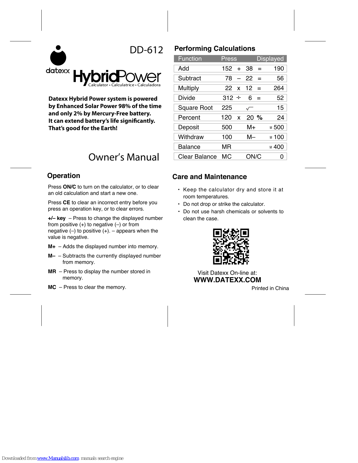 Datexx Hybrid Power DD-612 Owner's Manual