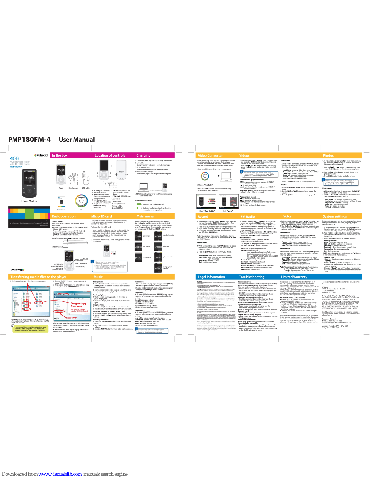 Polaroid PMP180FM-BK, PMP180FM-WH, PMP180FM-4 User Manual