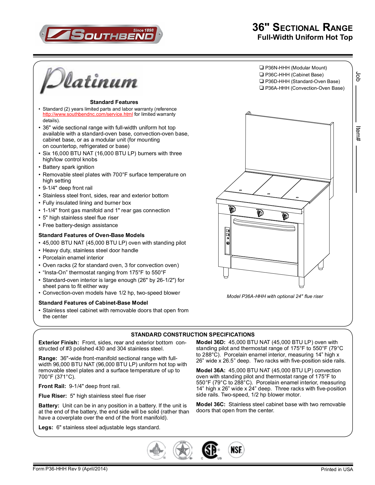 Southbend P36AHHH Product Sheet