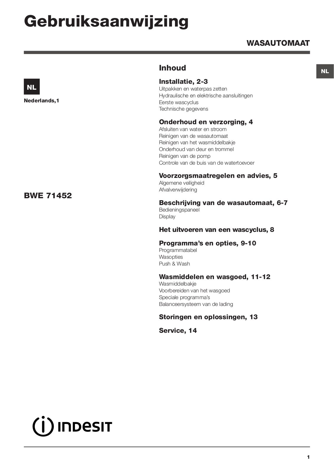 INDESIT BWE 71452 W NL User Manual