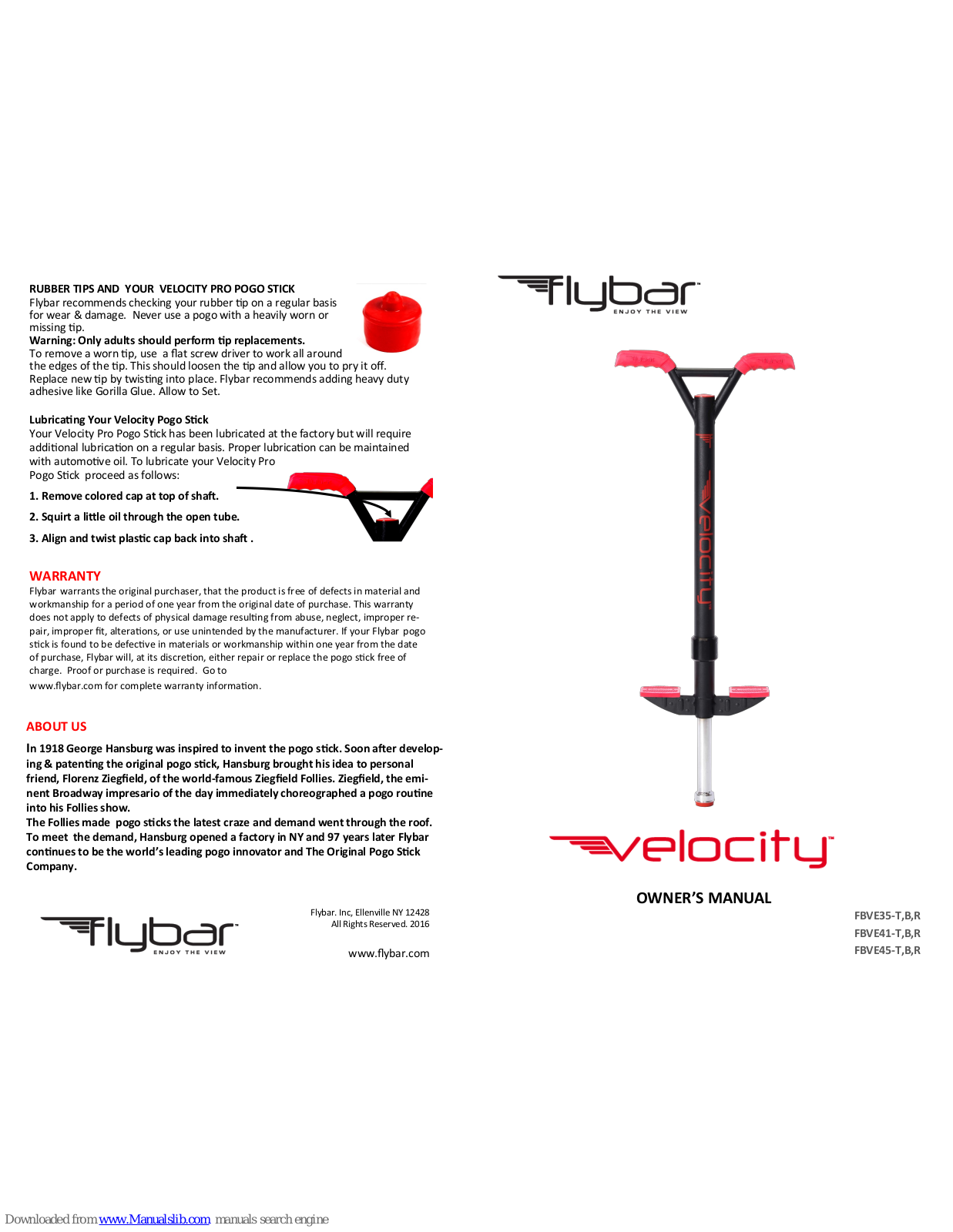 Flybar Velocity, FBVE35-R, FBVE35-T, FBVE35-B, FBVE41-T Owner's Manual