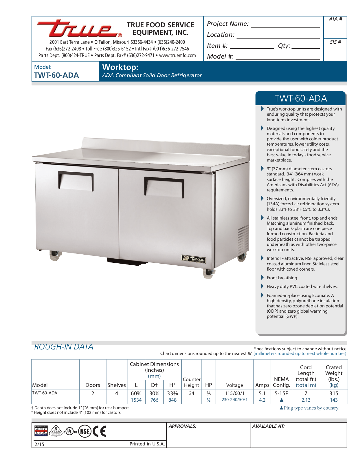 True TWT-60-ADA User Manual