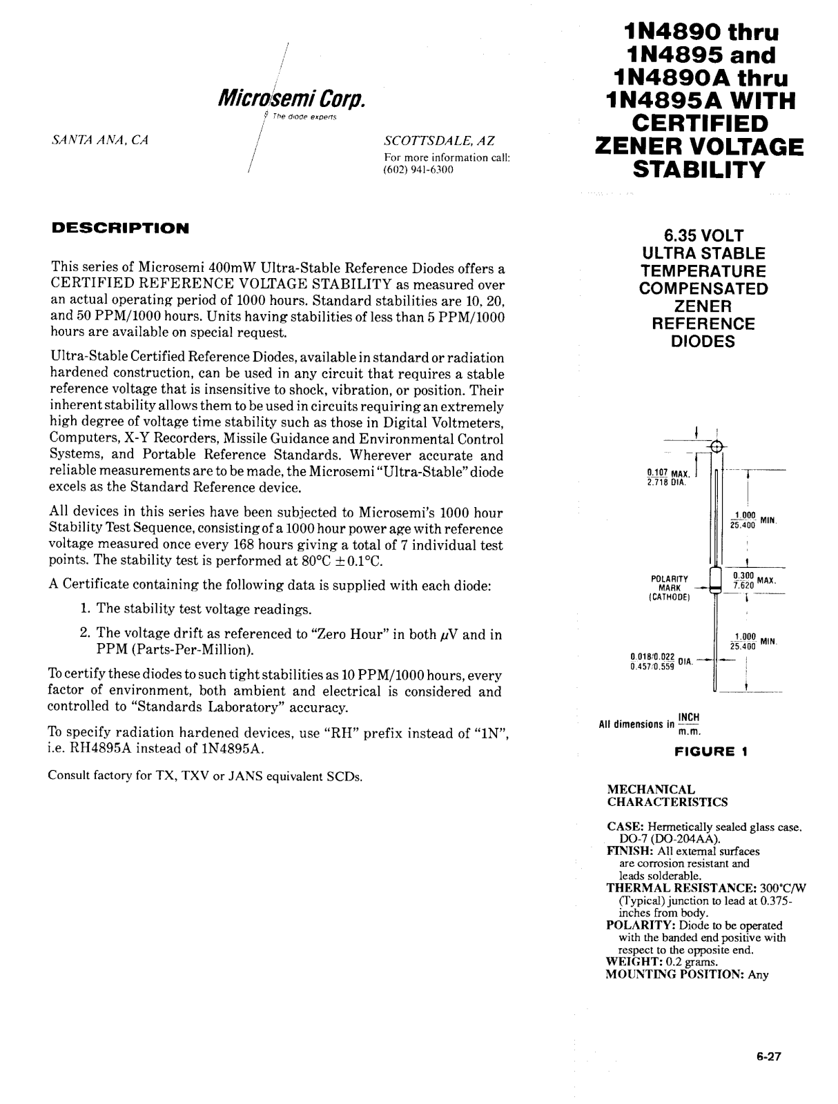 Microsemi Corporation 1N4895A, 1N4895, 1N4894A, 1N4894, 1N4893A Datasheet