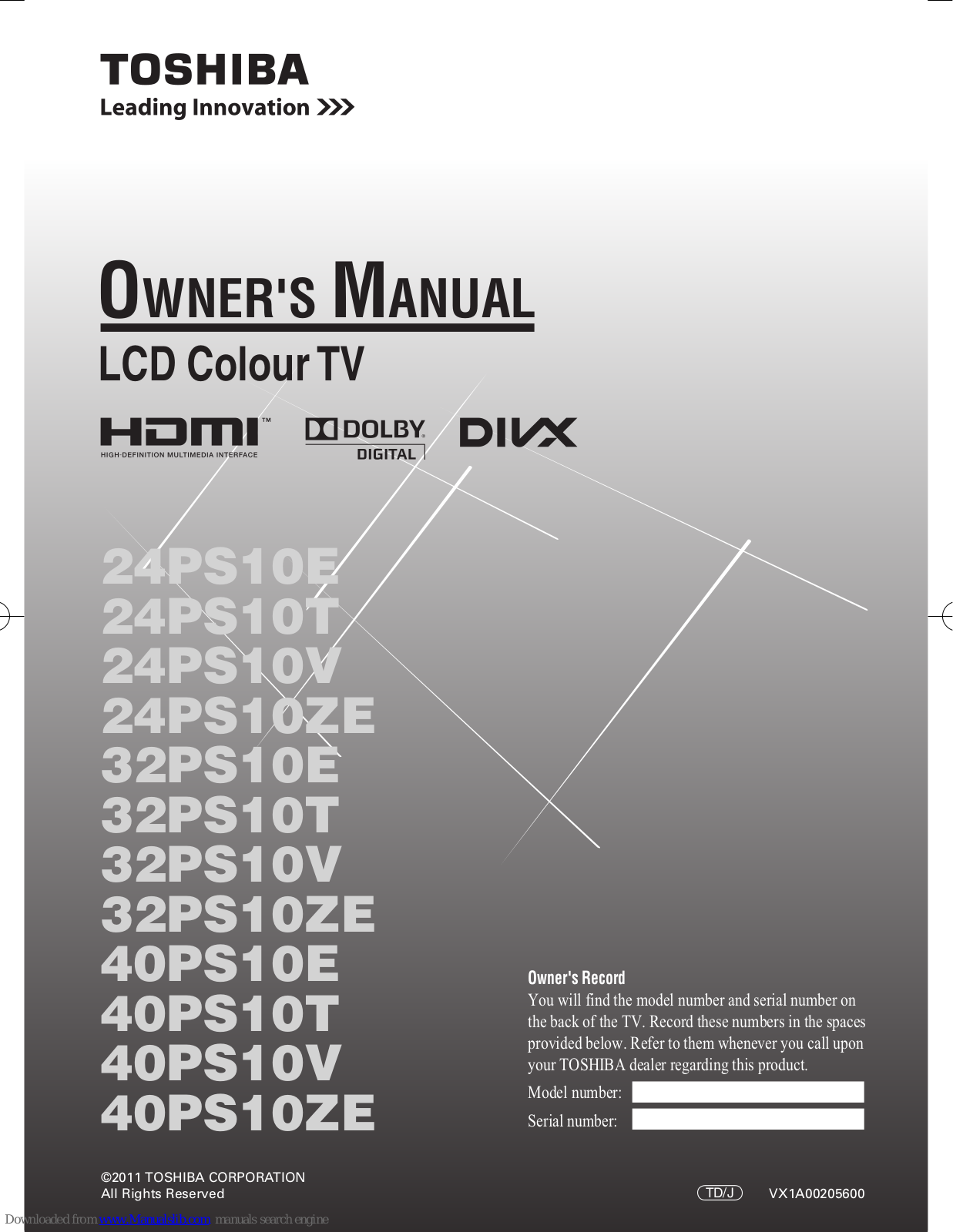 Toshiba 32PS10E, 24PS10T, 24PS10V, 24PS10ZE, 32PS10T Owner's Manual