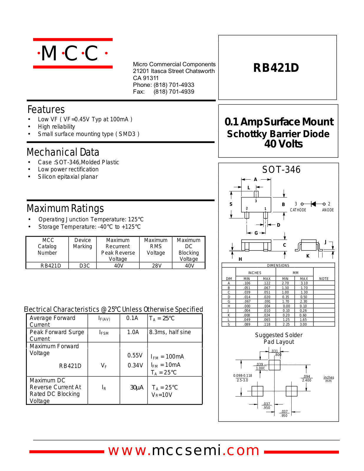 MCC RB421D Datasheet