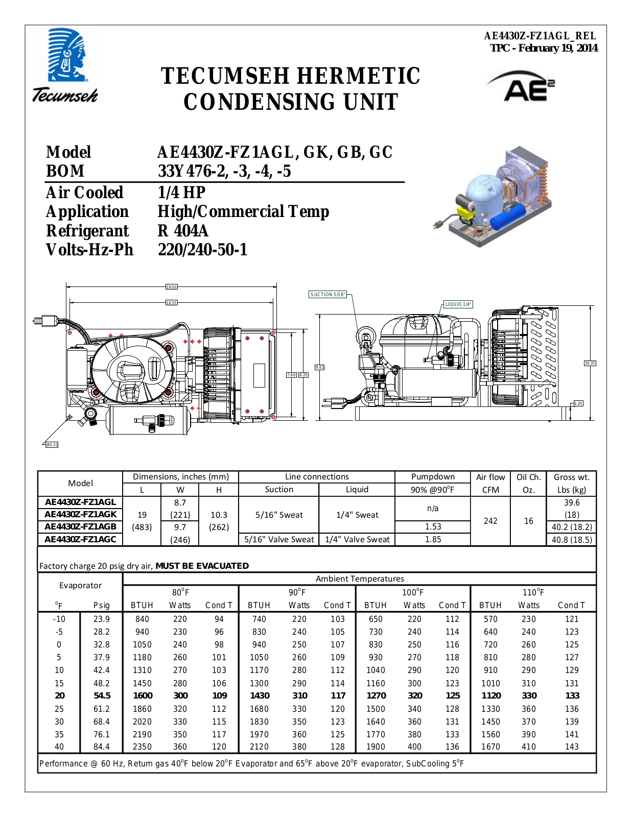 Tecumseh AE4430Z-FZ1AGL, AE4430Z-FZ1AGB, AE4430Z-FZ1AGC, AE4430Z-FZ1AGK Performance Data Sheet