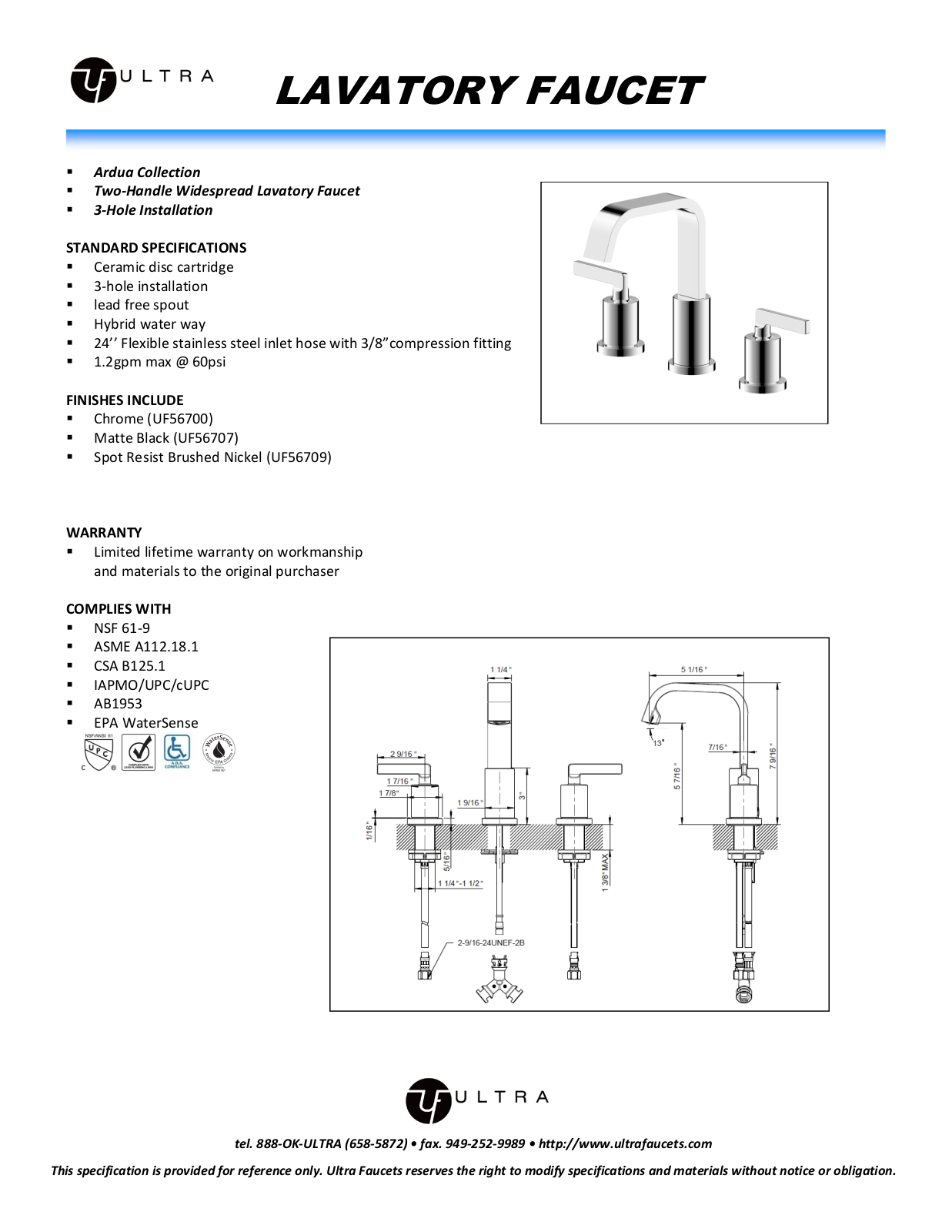 Ultra Faucets LTR10133 Specifications - ManualMachine.com