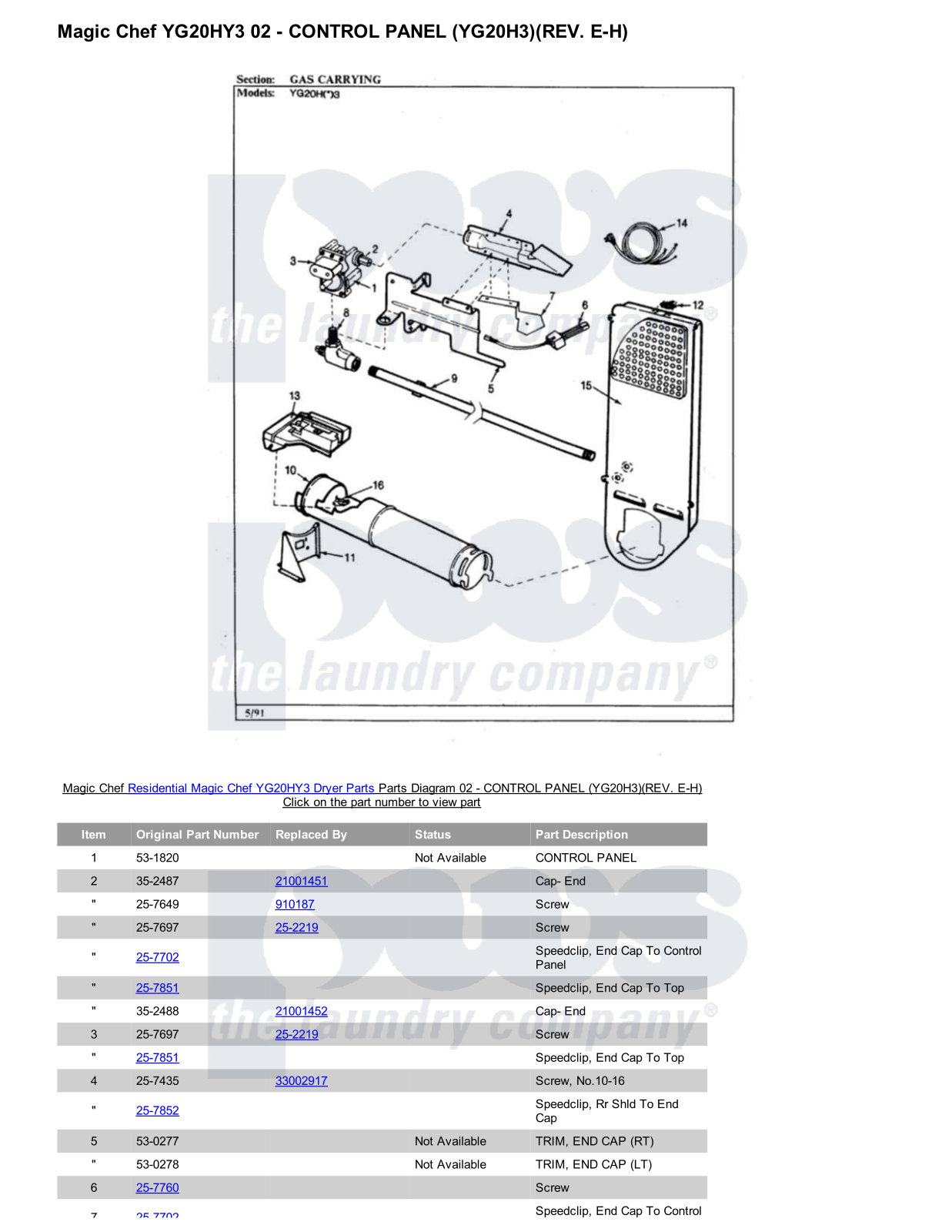 Magic Chef YG20HY3 Parts Diagram