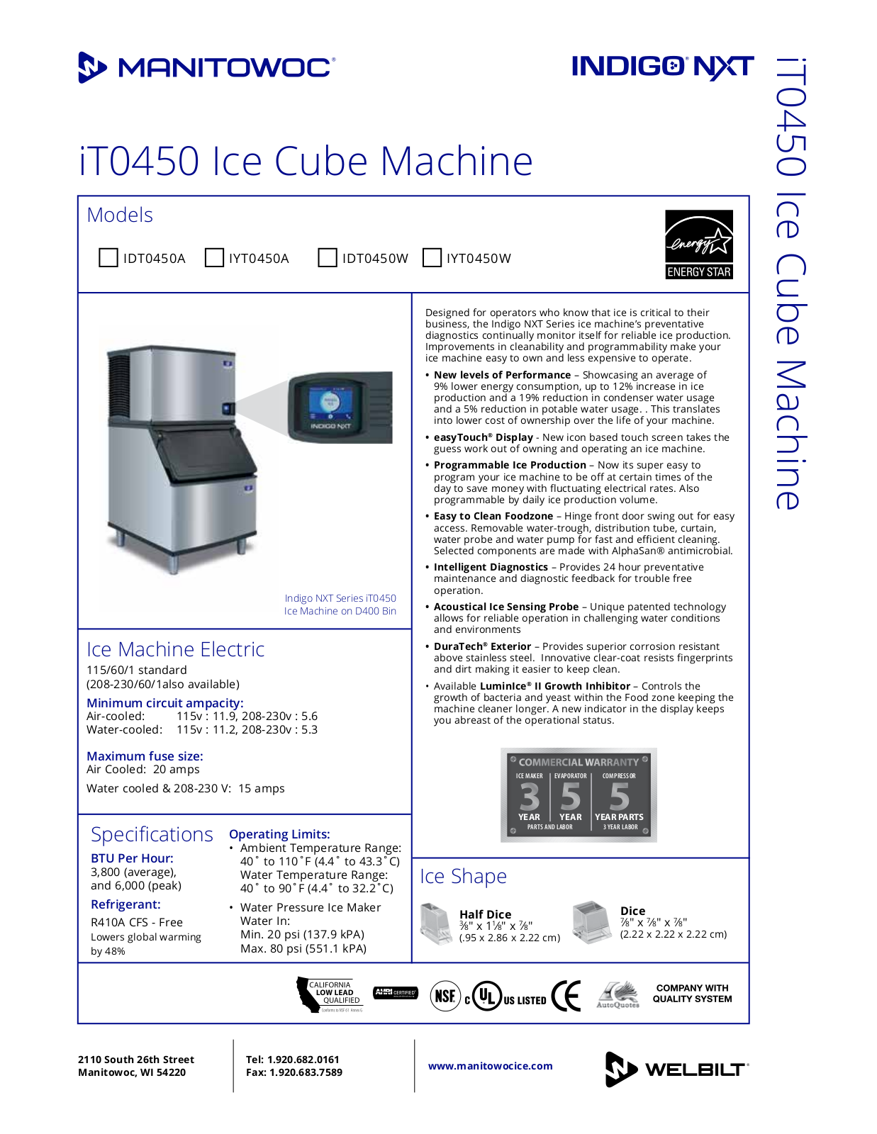 Manitowoc IDT0450A261 Specifications