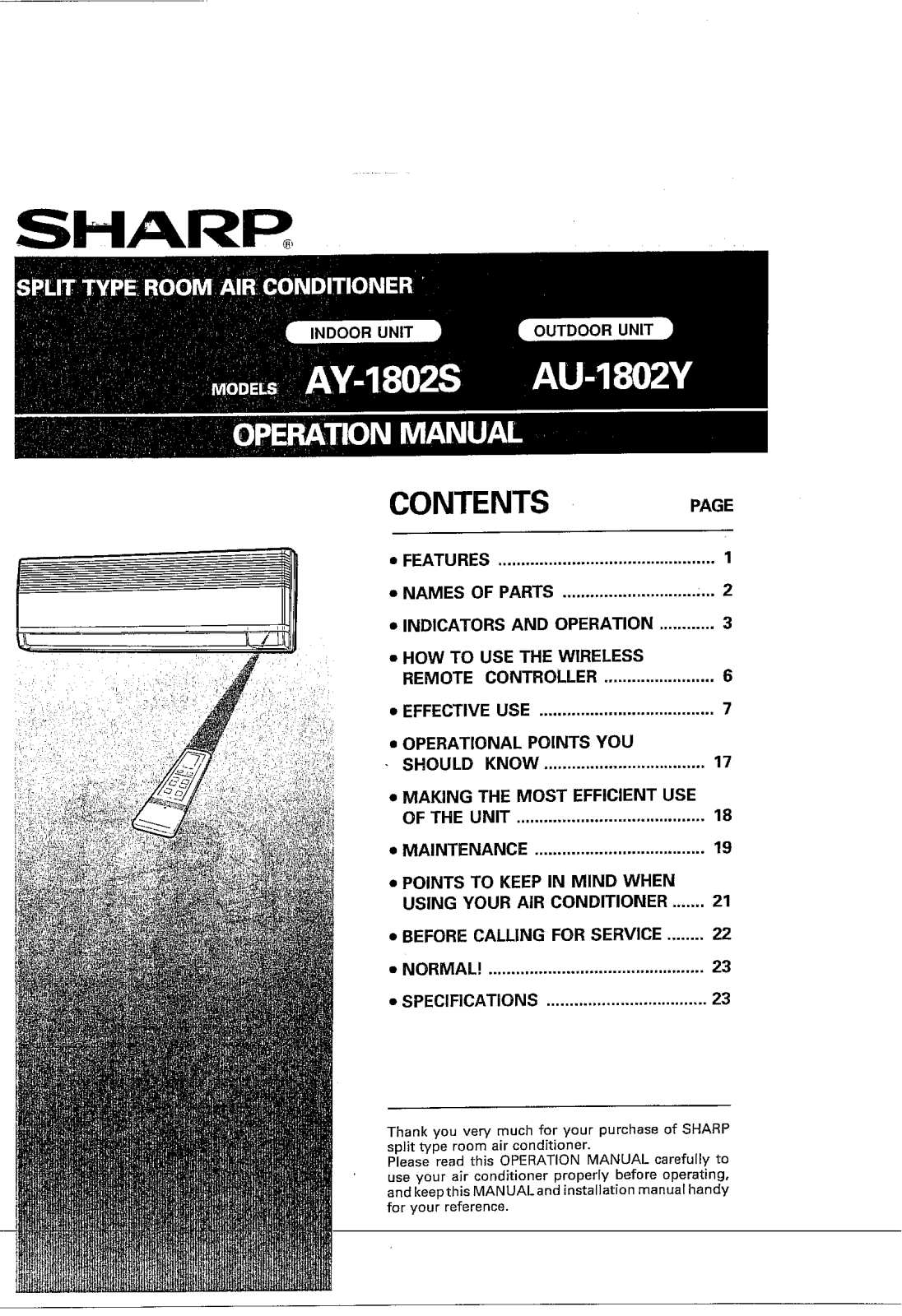 Sharp AY-1802S Operation Manual