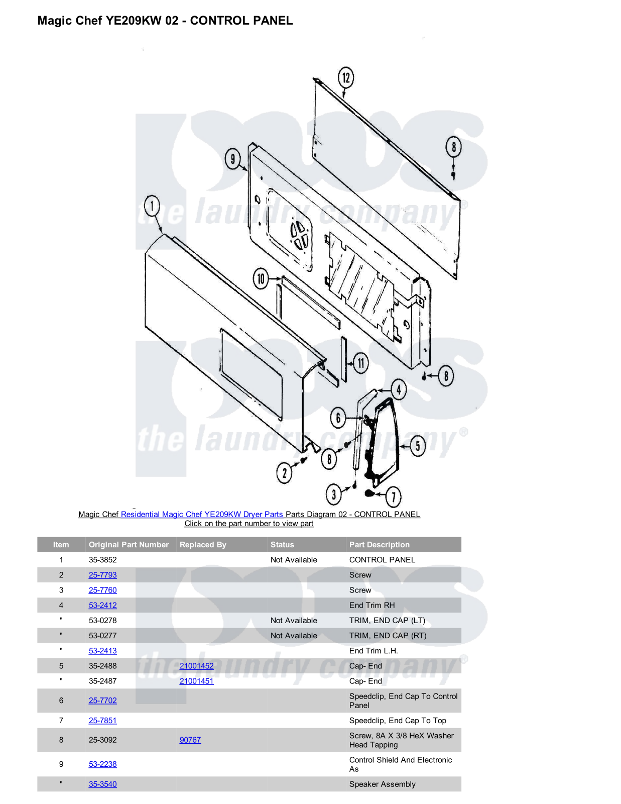 Magic Chef YE209KW Parts Diagram