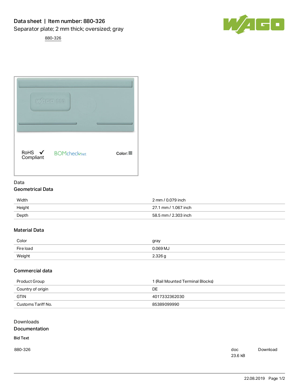 Wago 880-326 Data Sheet