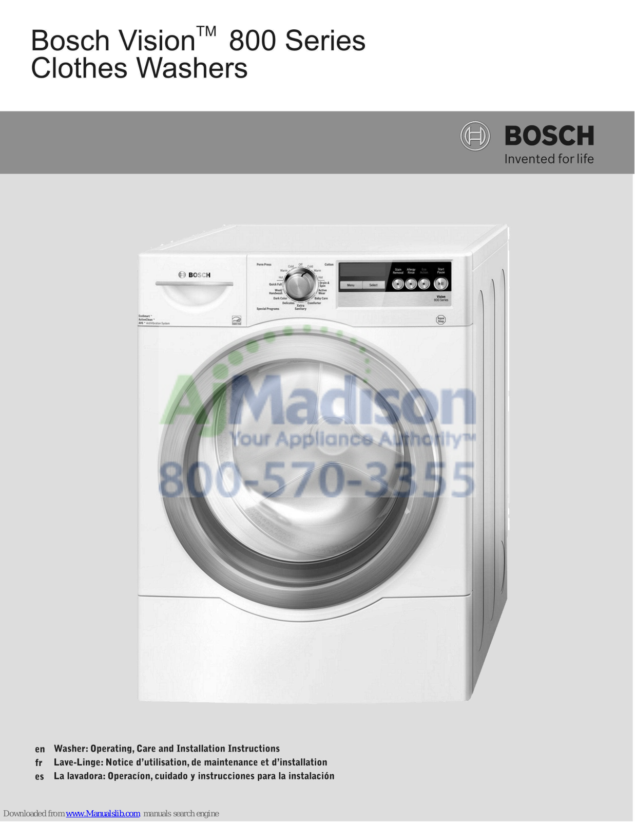 Bosch Vision 800 Operating, Care And Installation Instructions Manual