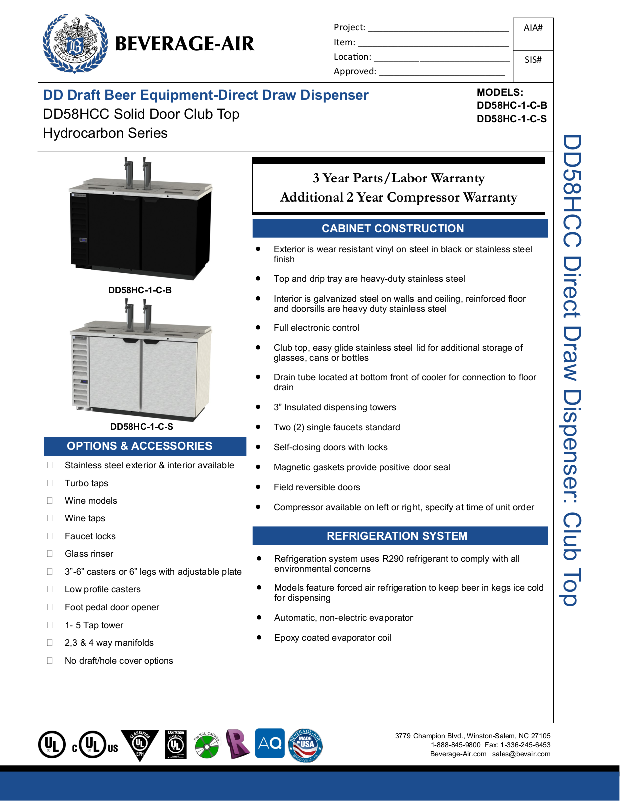 Beverage-Air DD58HC1CB, DD58HC1CS Specifications