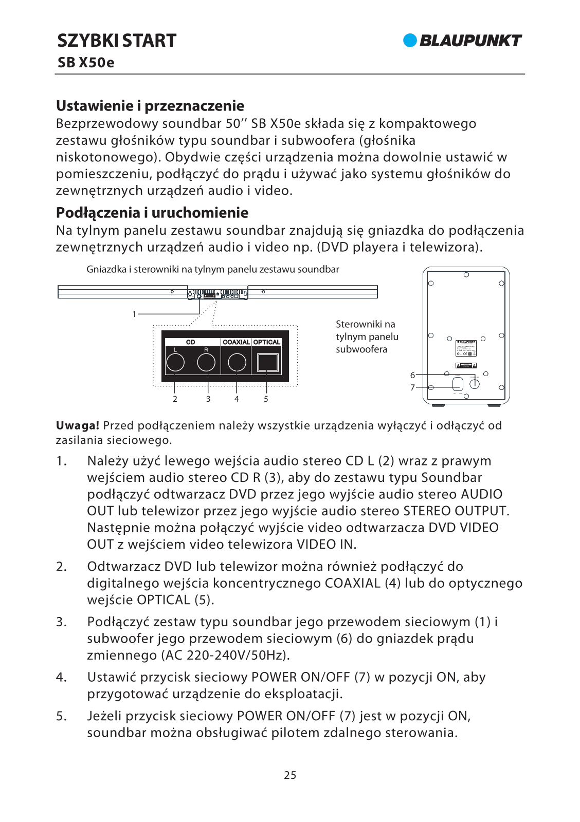 Blaupunkt SB X50e Quick Start Guide