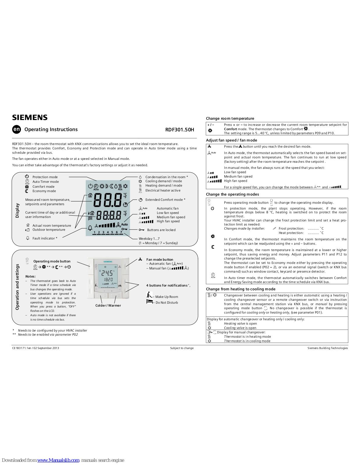 Siemens RDF301.50H Operating Instructions Manual