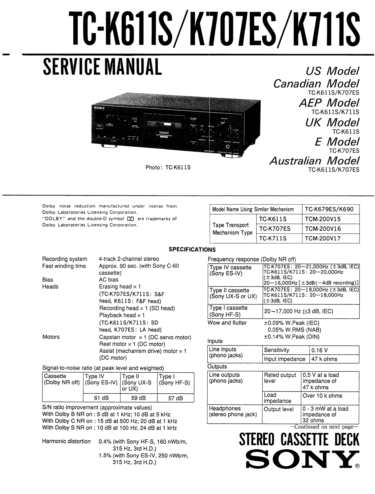 Sony TCK-611-S, TCK-707-ES, TCK-711-S Service manual