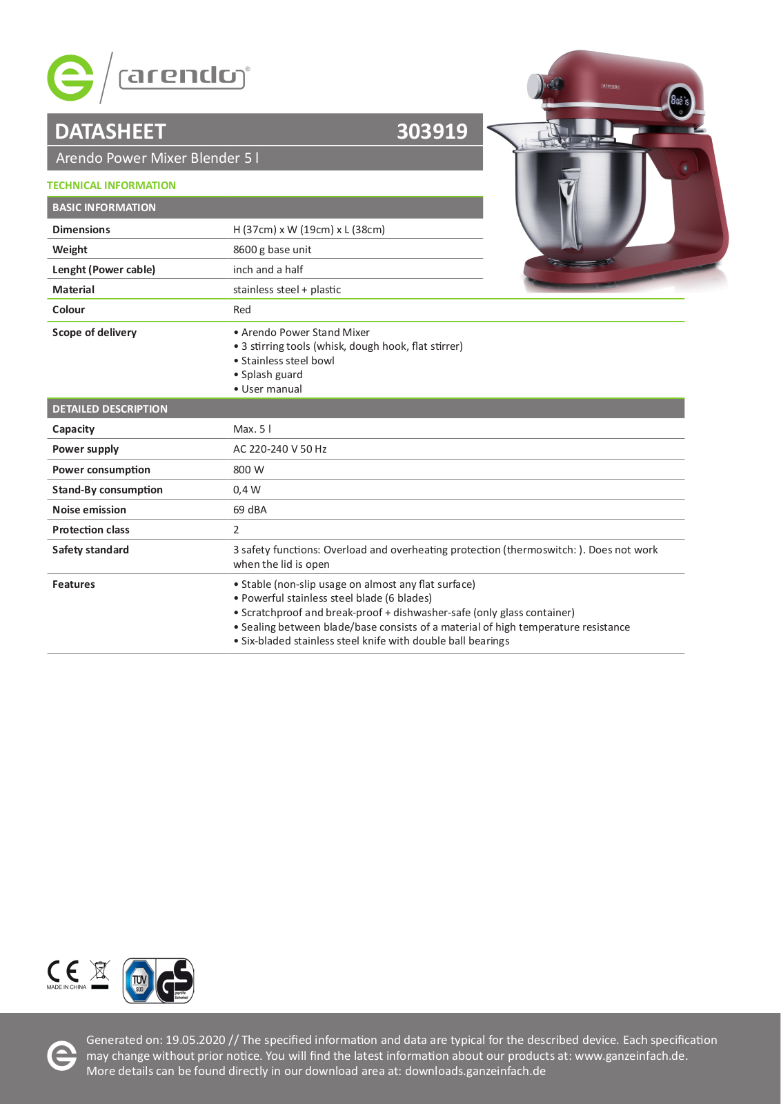 Arendo 303919 data sheet - ManualMachine.com