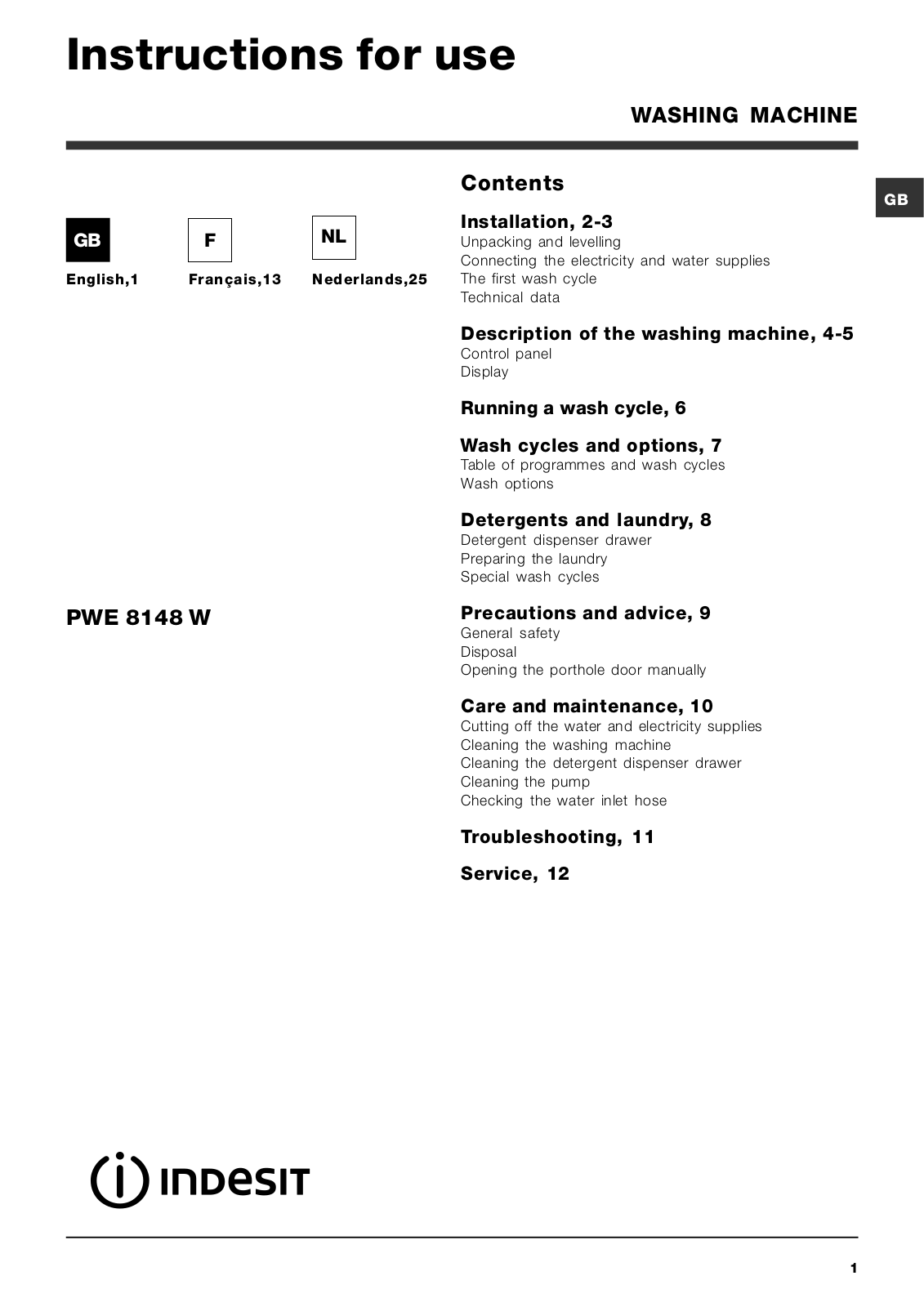 Indesit PWE 8148 W User Manual