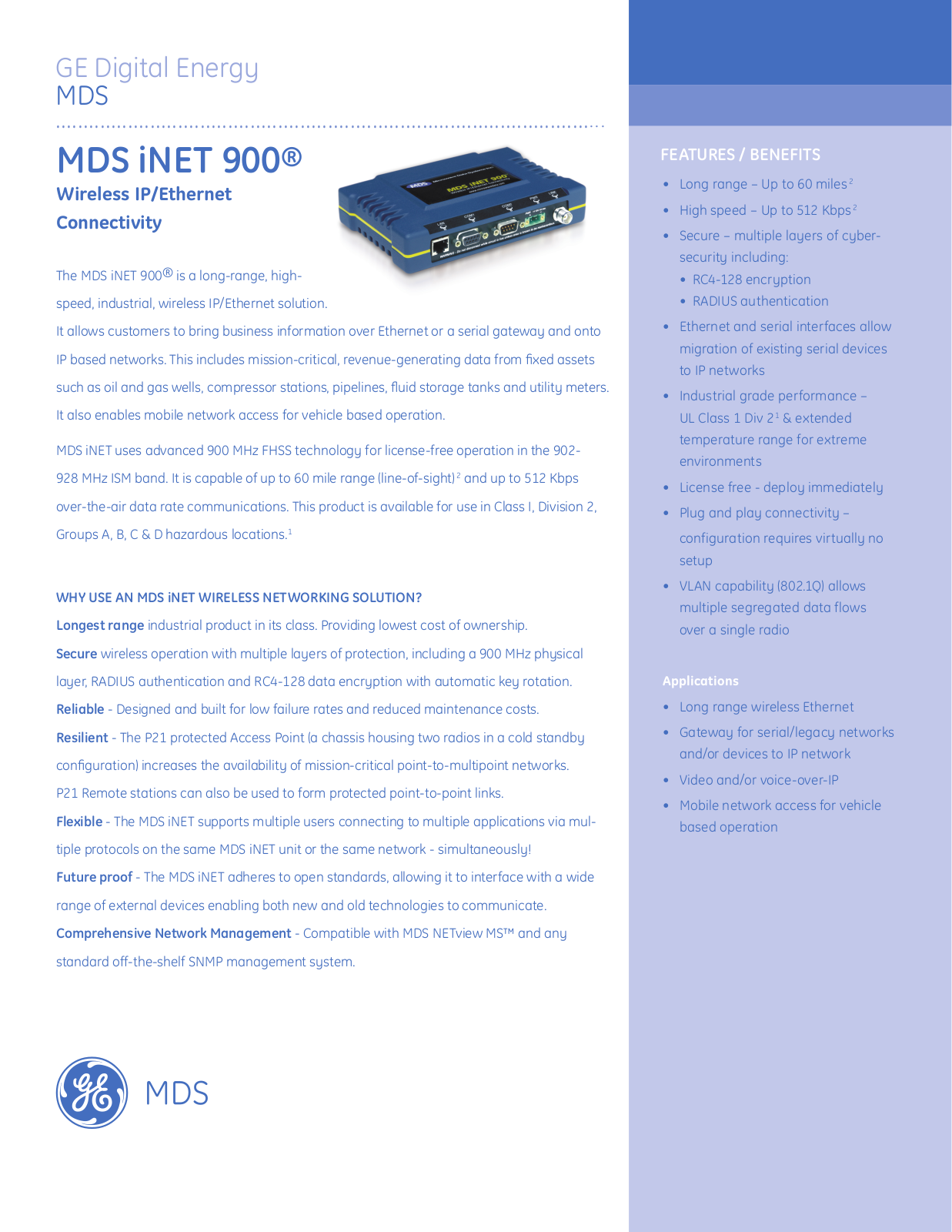 GE MDS MDS iNET Specifications