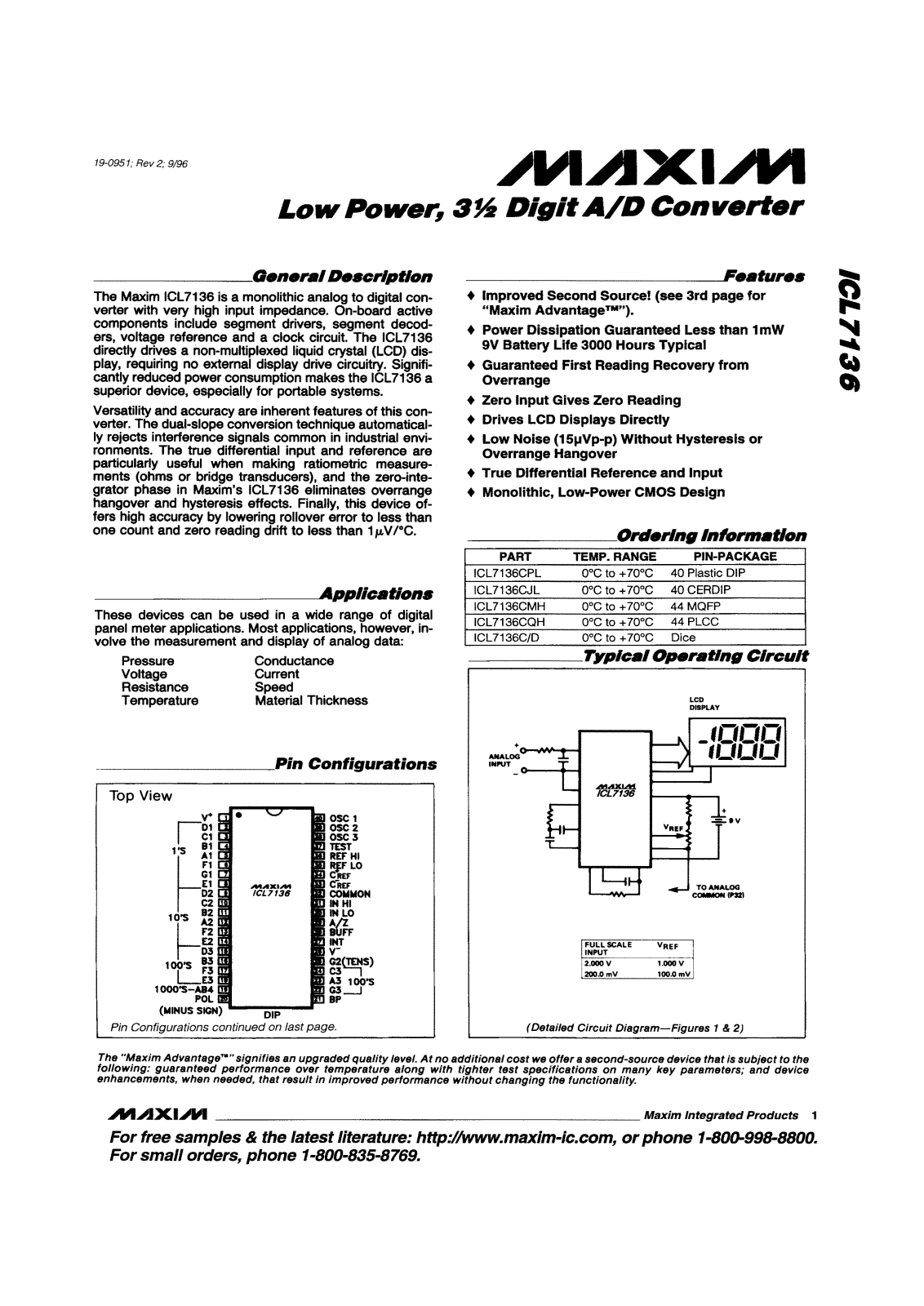 Maxim Integrated Producs ICL7136CJI, ICL7136CMH, ICL7136CPI, ICL7136CQH, ICL7136CD Datasheet