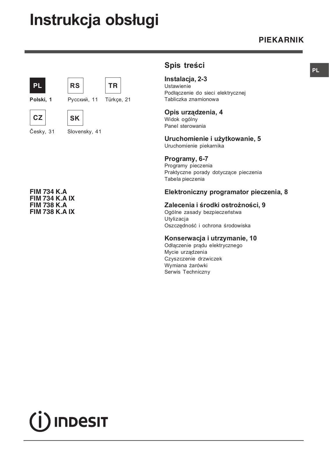 Indesit FIM 738 K.A IX User Manual