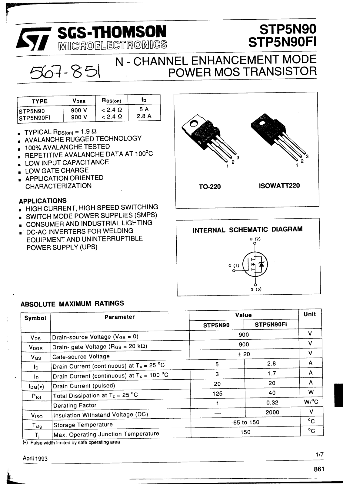 SGS Thomson Microelectronics STP5NA90FI, STP5NA90 Datasheet