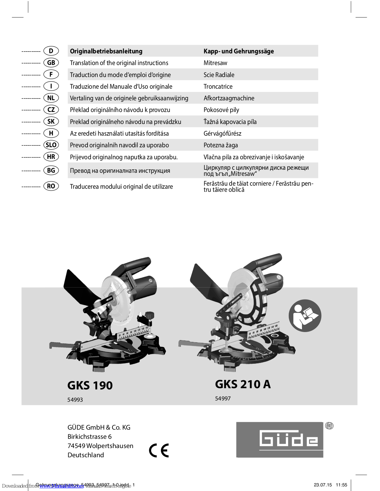 Gude GKS 190, GKS 210 A, 54993, 54997 Translation Of The Original Instructions