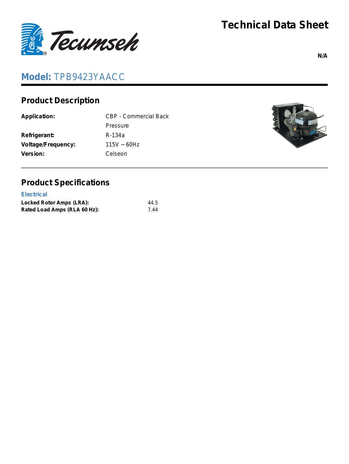 Tecumseh TPB9423YAACC Technical Data Sheet