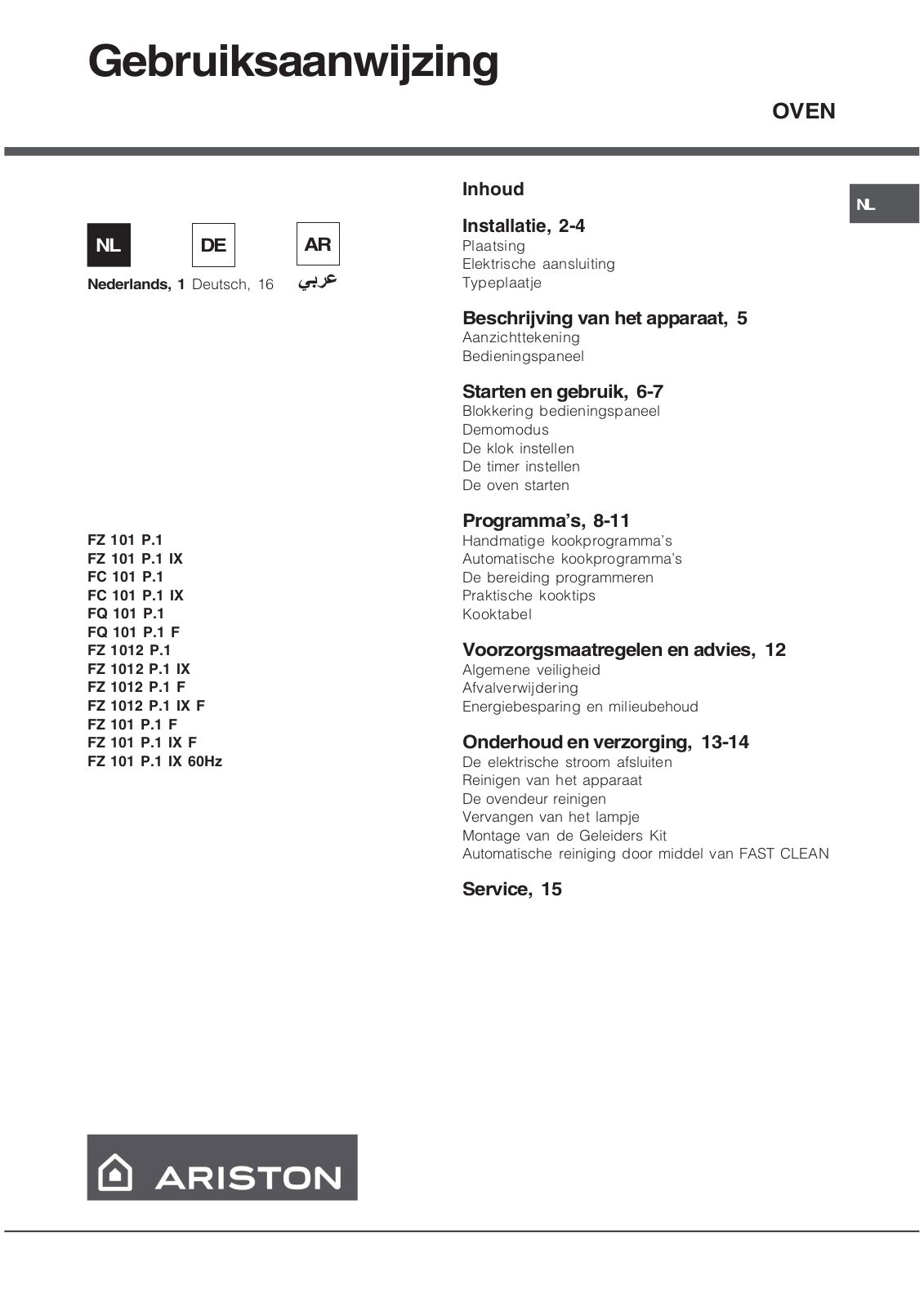 Hotpoint Ariston FZ 101 P.1 IX, FZ 1012 P.1 IX F, FC 101 P.1 IX, FZ 101 P.1 IX 60HZ, FZ 101 P.1 IX F User Manual