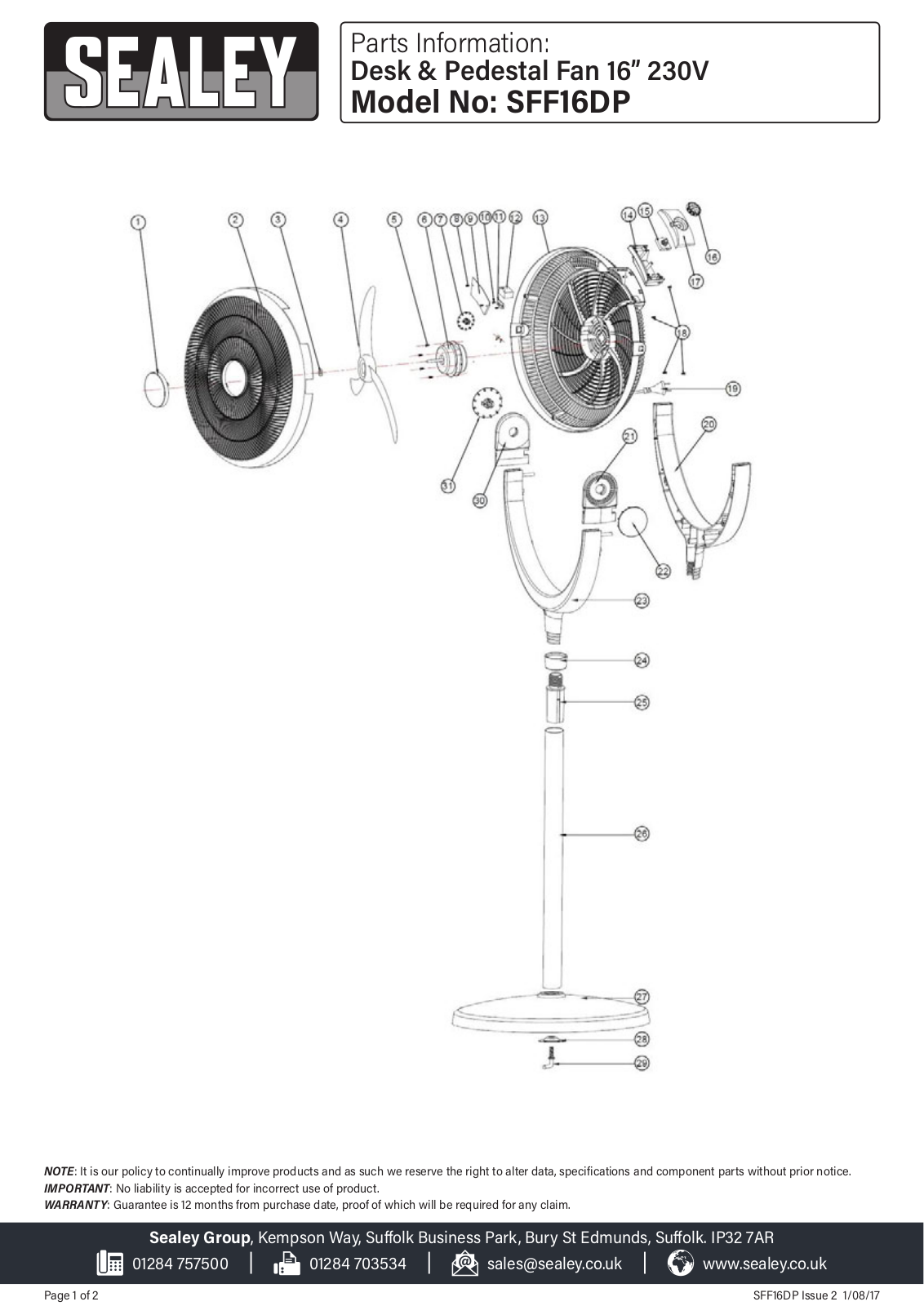Sealey SFF16DP Parts Listing