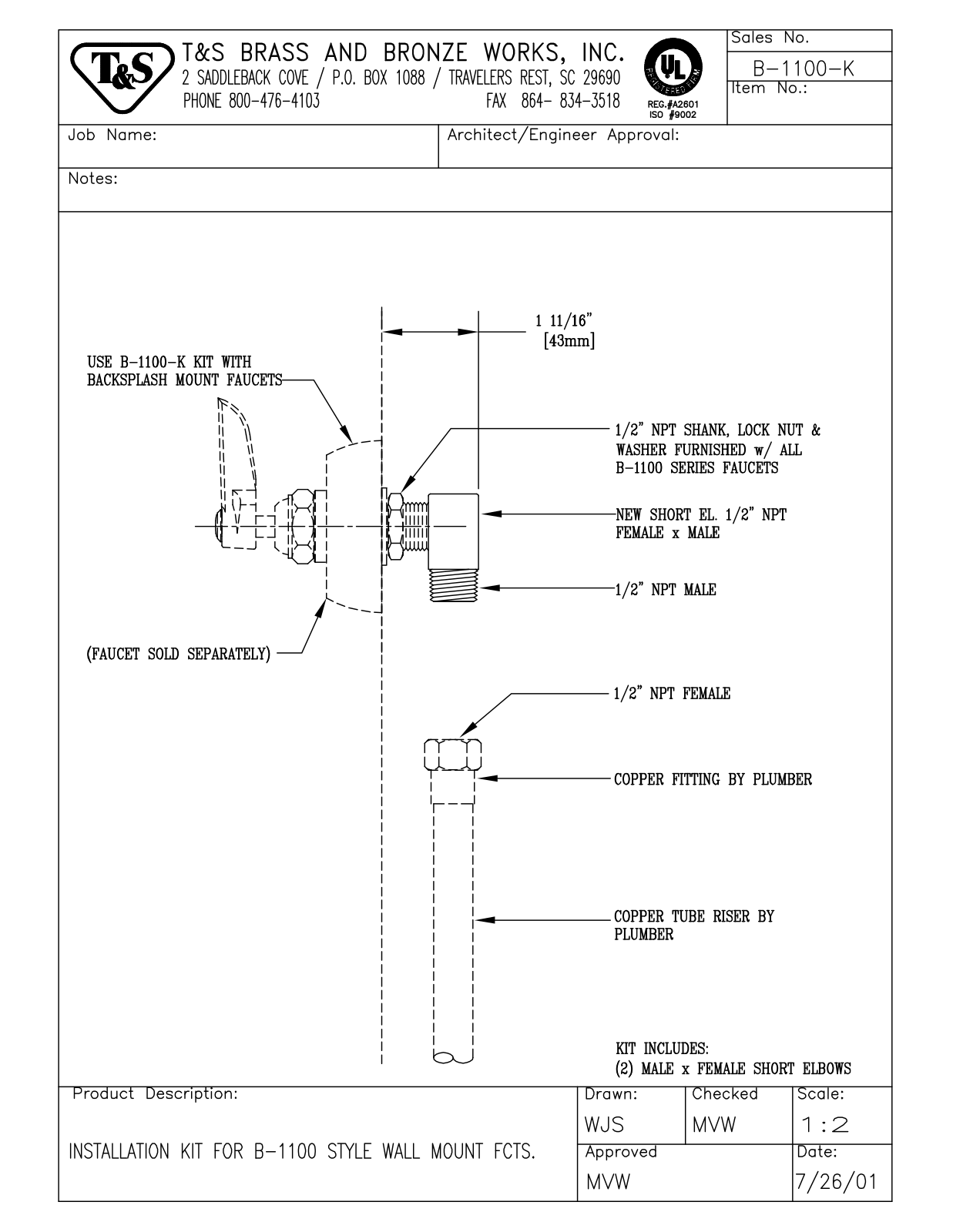 T & S Brass & Bronze Works B-1100-K General Manual