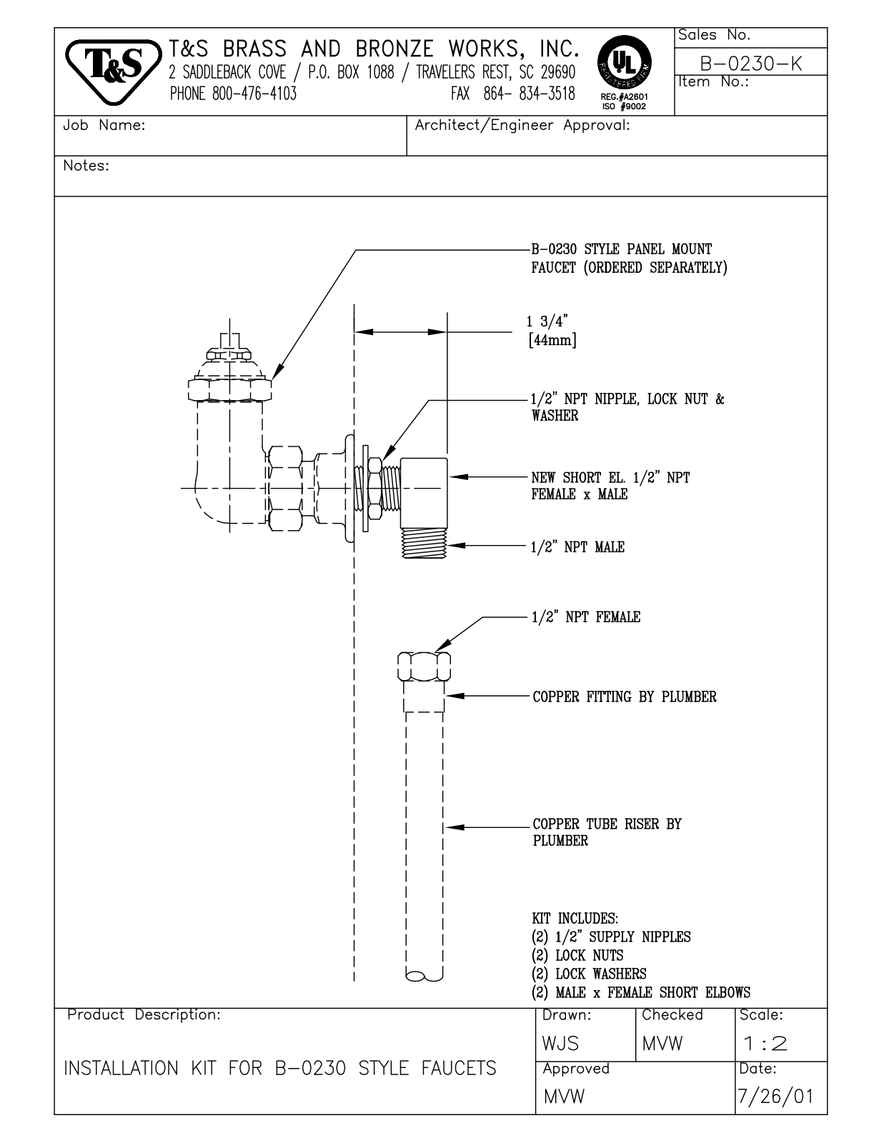 T & S Brass & Bronze Works B-0230-K General Manual