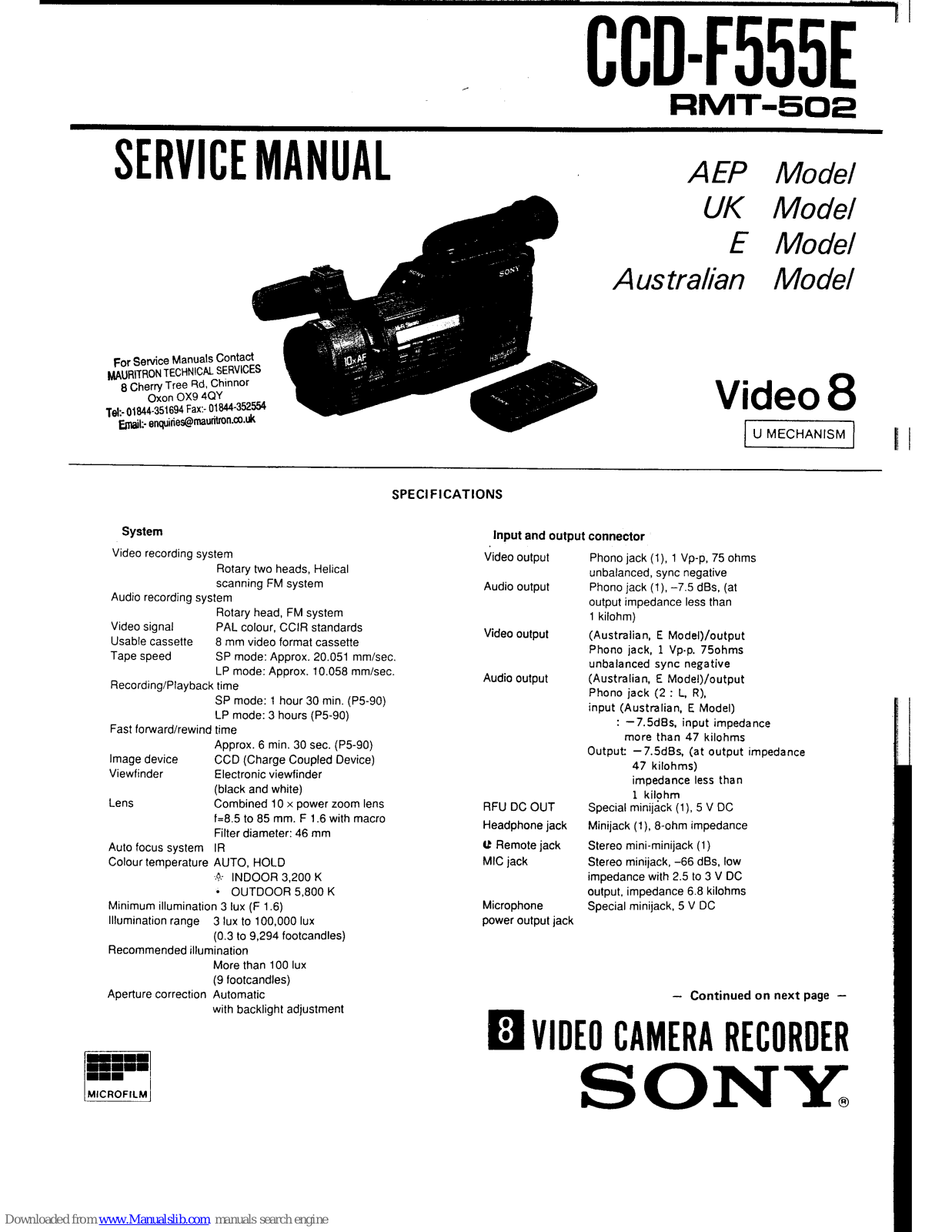 Sony CCD-F555E, RMT-502 Service Manual