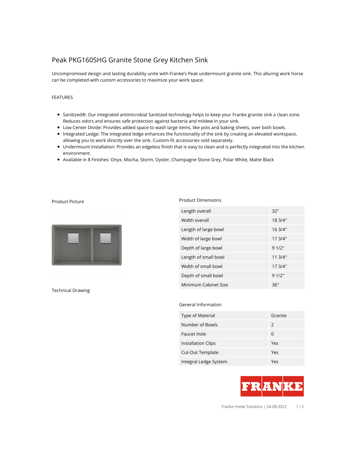Franke KOH22031 Specifications