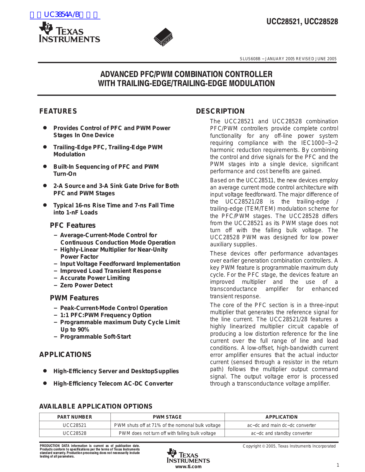 TEXAS INSTRUMENTS UCC28521 Technical data