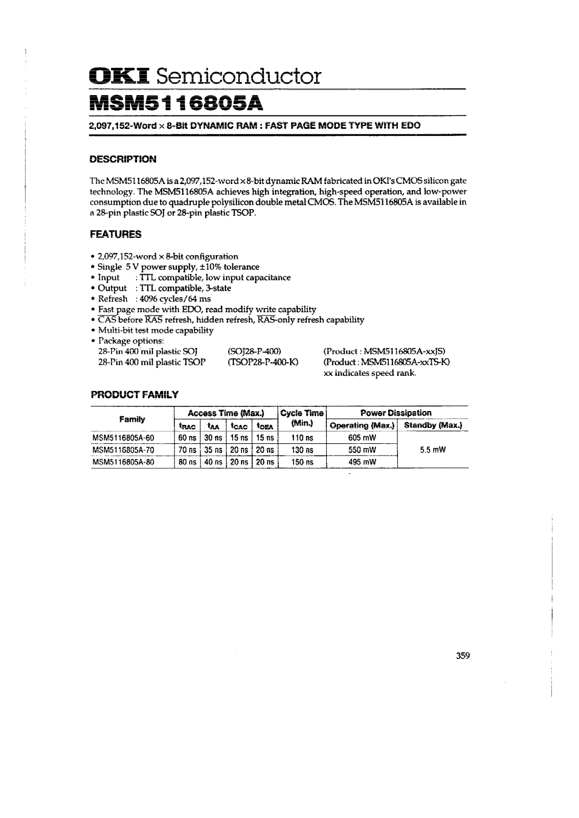 OKI MSM5116805A-80JS, MSM5116805A-70JS, MSM5116805A-80TS-K, MSM5116805A-70TS-K, MSM5116805A-60JS Datasheet