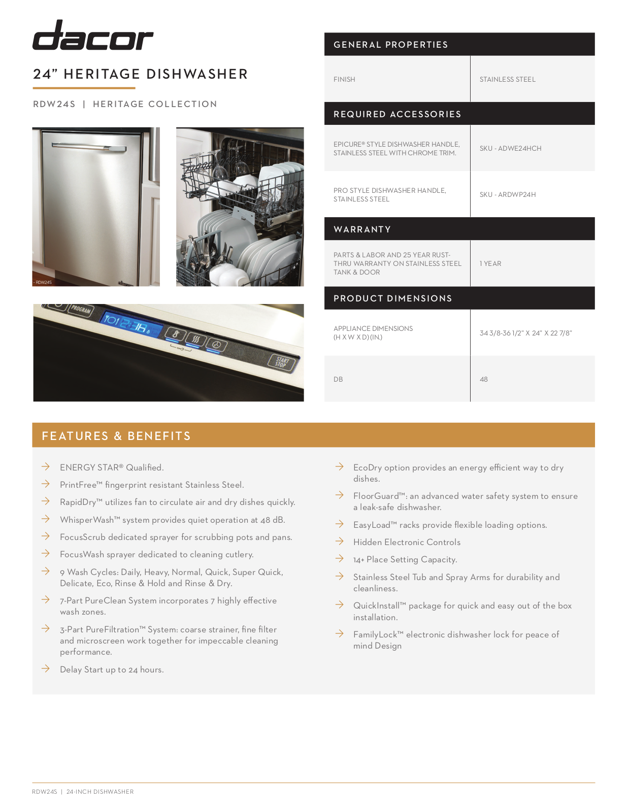 Dacor DDW24T998US Specsheet