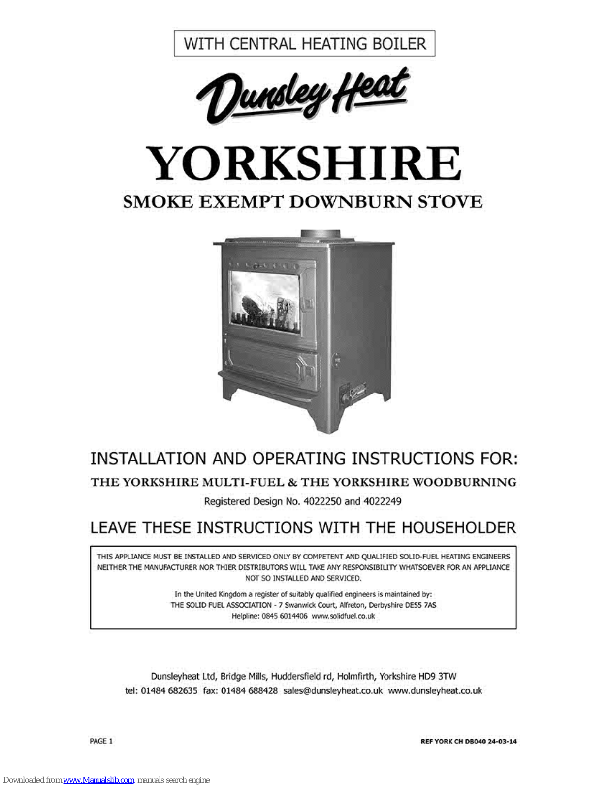 Dunsley Heat YORKSHIRE 4022250, YORKSHIRE 4022249 Installation And Operating Instructions Manual