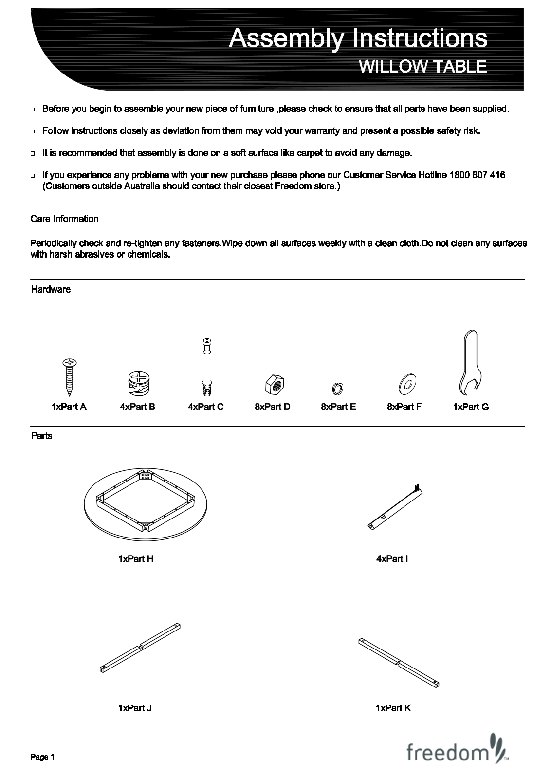 Freedom Willow Table Assembly Instruction